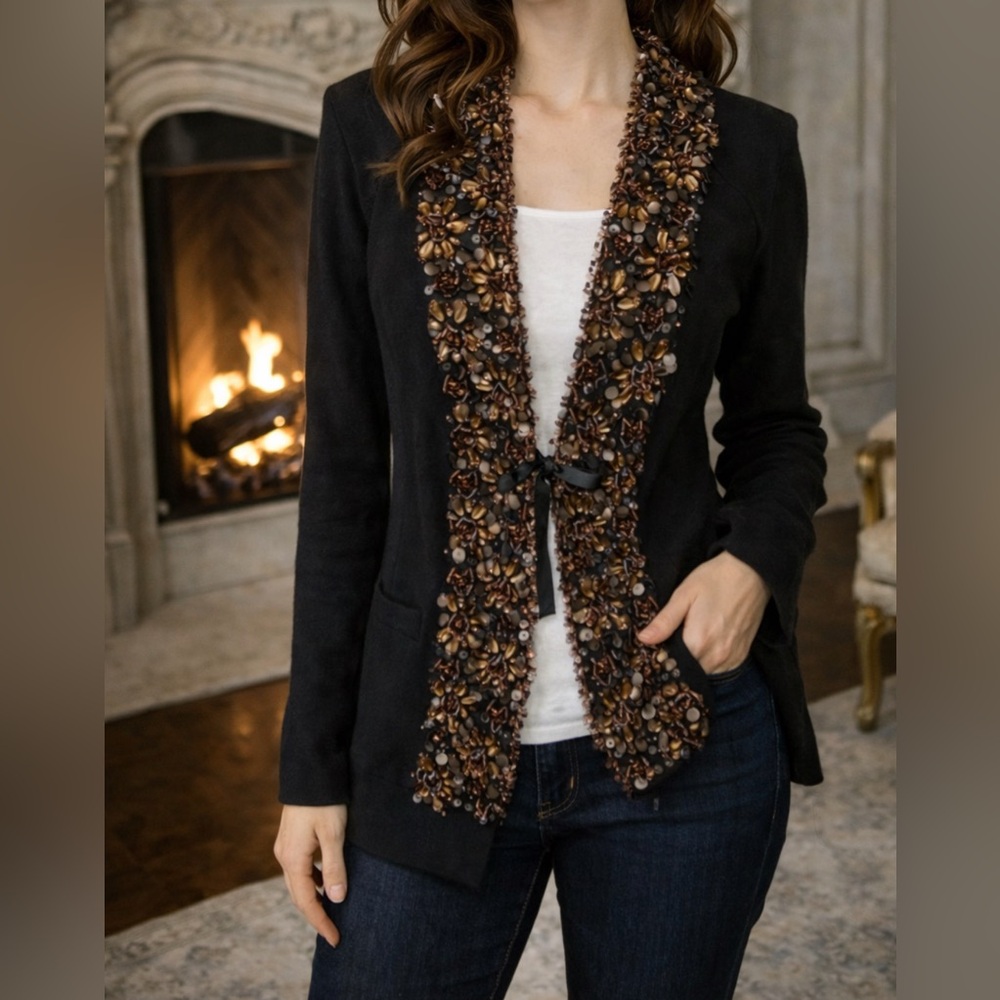 Anthropologie Rorae Nichols Black Bronze Copper Amber Bead Cardigan Small